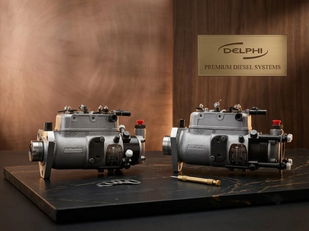 Two Delphi DPA diesel injection pumps on a marble stand